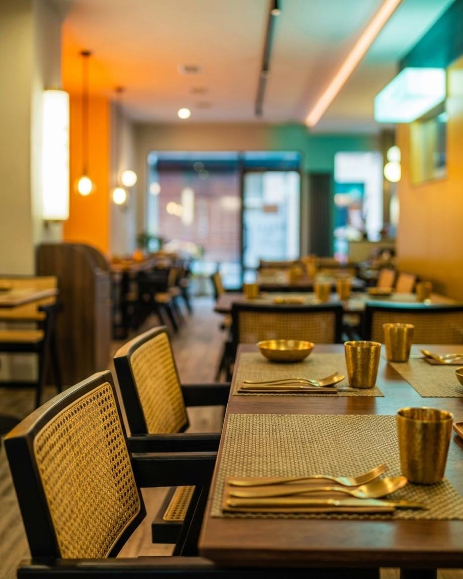 Der Gastraum des Bistros: eingedeckte Tische mit Messingbechern und Besteck, dahinter die Fensterfront zur Straße